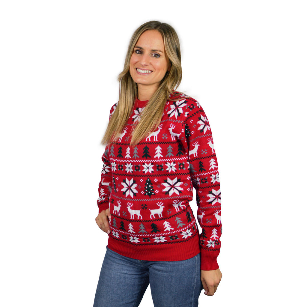Red Christmas Jumper with Reindeers, Trees and Polar Star Womens