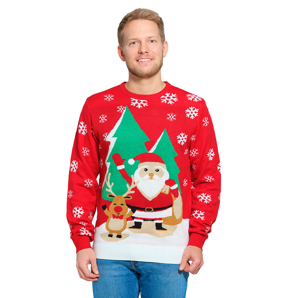 Red Christmas Jumper with Santa and Reindeer Greeting Mens