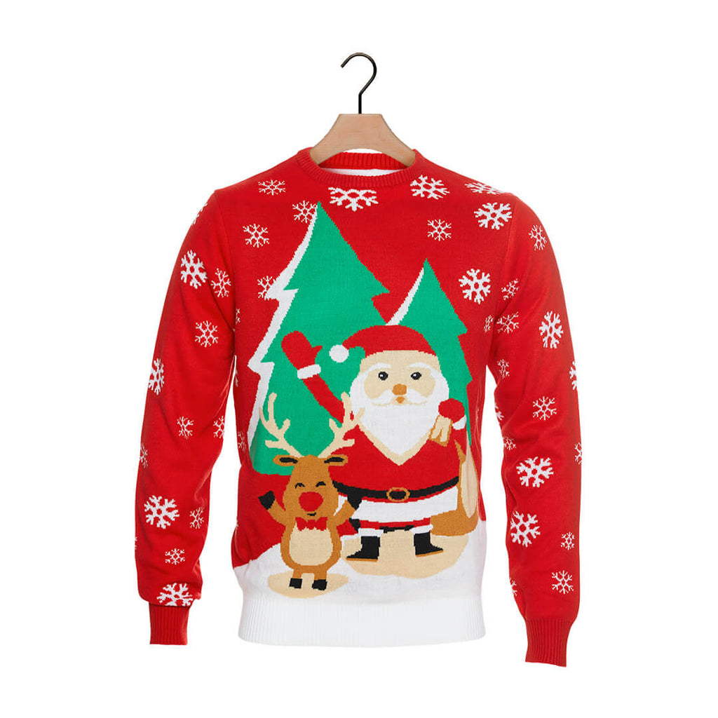 Red Christmas Jumper with Santa and Reindeer Greeting