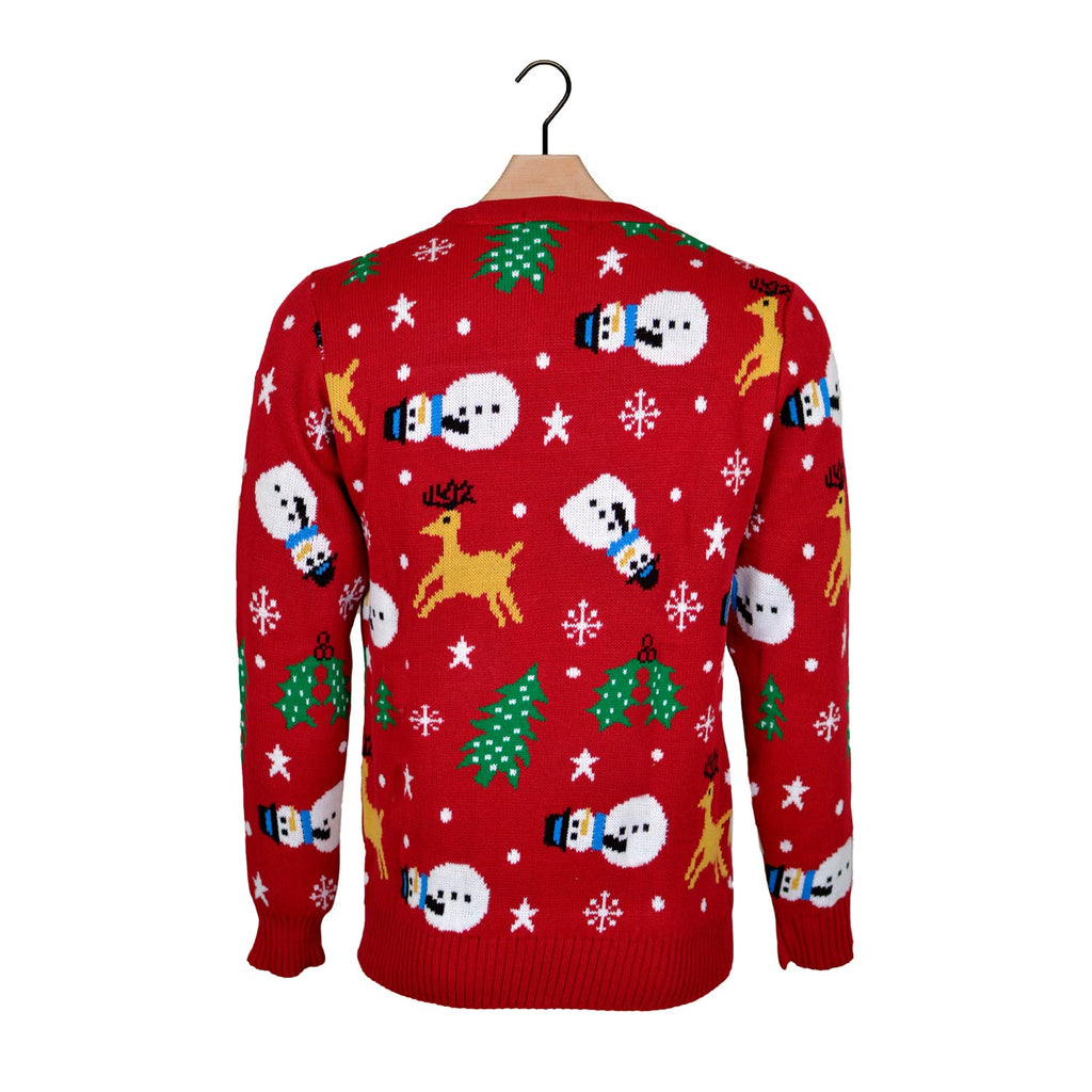 Red Christmas Jumper with Santa, Trees and Snowmens Back