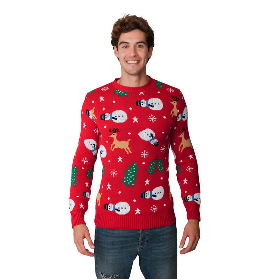 Mens Red Christmas Jumper with Santa, Trees and Snowmens