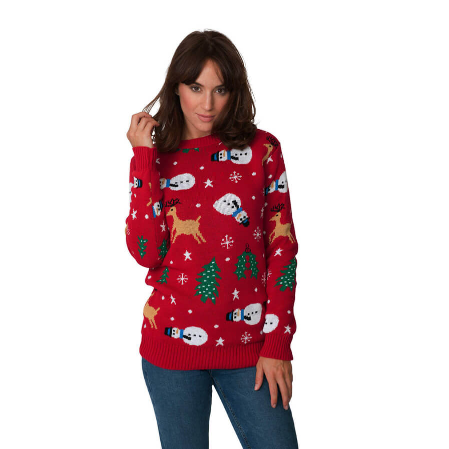 Womens Red Christmas Jumper with Santa, Trees and Snowmens
