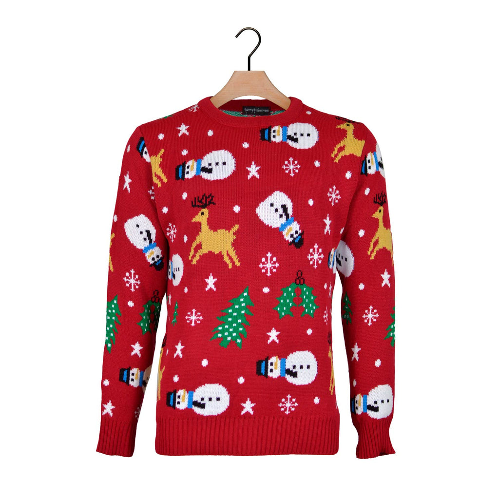 Red Christmas Jumper with Santa, Trees and Snowmens