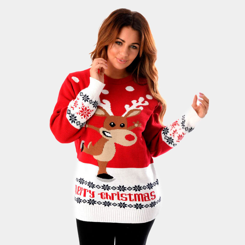 Womens Red Christmas Jumper with Skating Reindeer