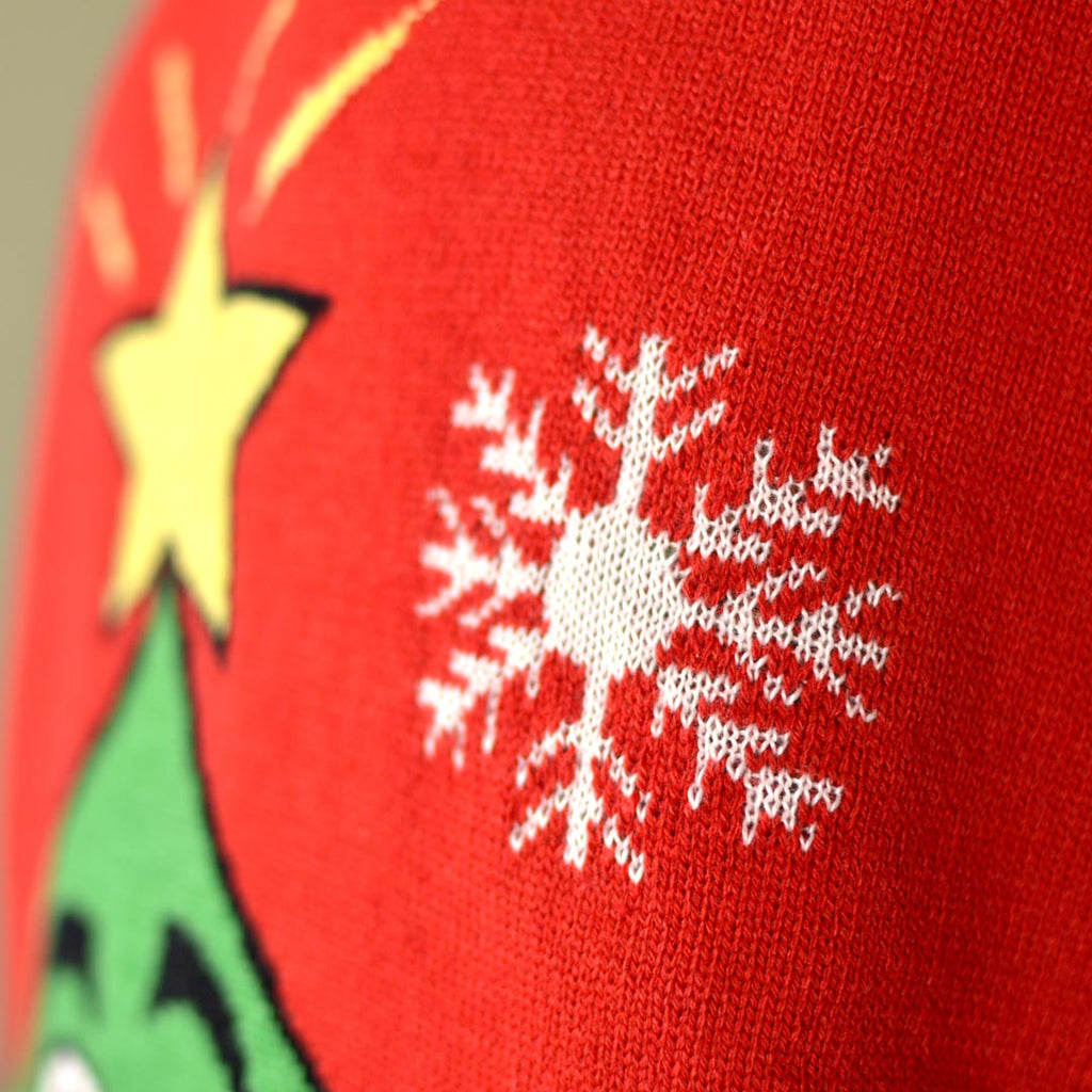 Red Christmas Jumper with Smiling Christmas Tree Detail Snow