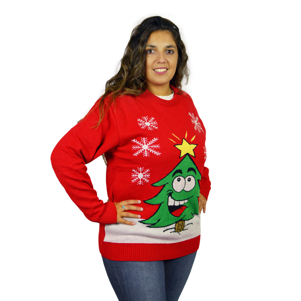 Red Christmas Jumper with Smiling Christmas Tree Womens