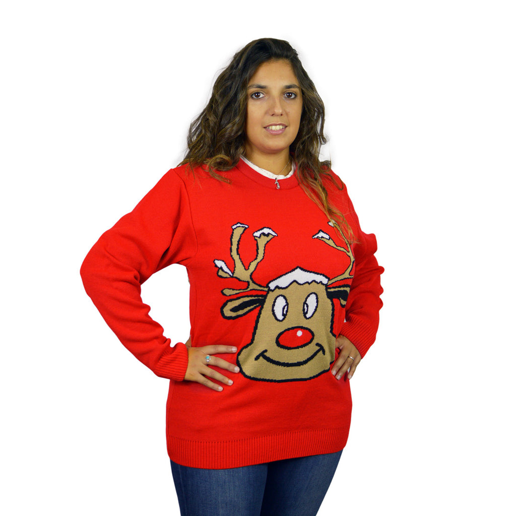 Red Christmas Jumper with Smiling Reindeer Womens