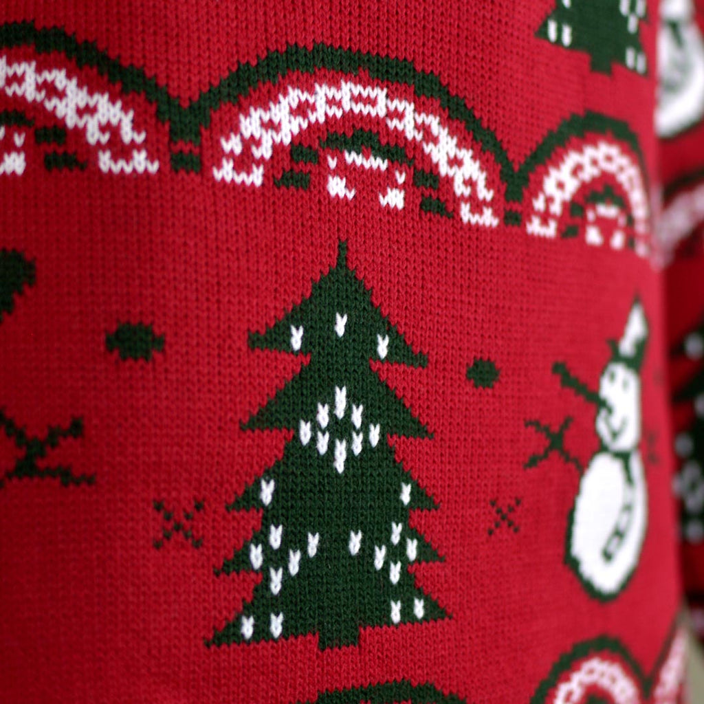 Red Christmas Jumper with Trees and Snowmens Detail