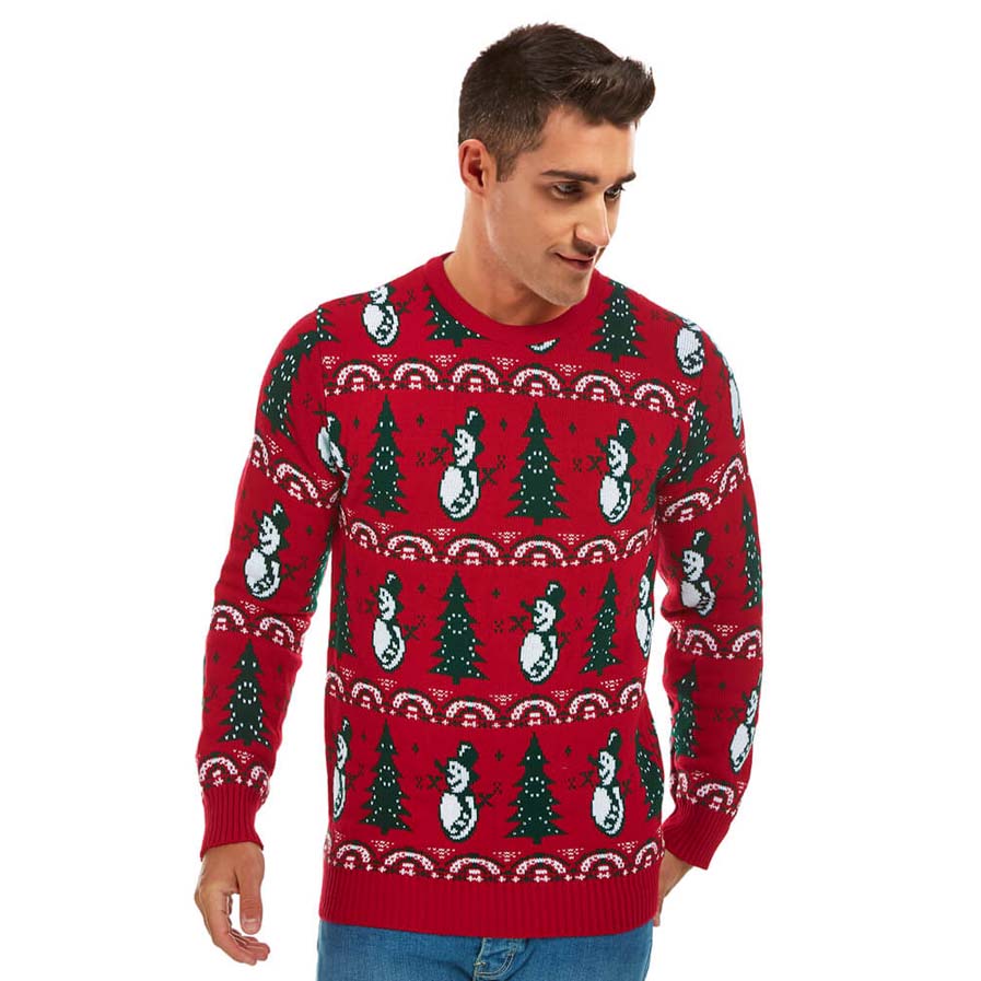 Mens Red Christmas Jumper with Trees and Snowmens
