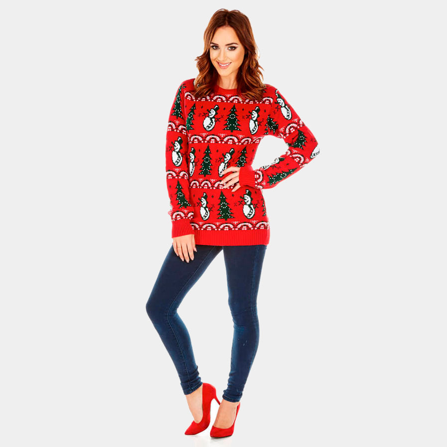 Red Christmas Jumper with Trees and Snowmens Womens