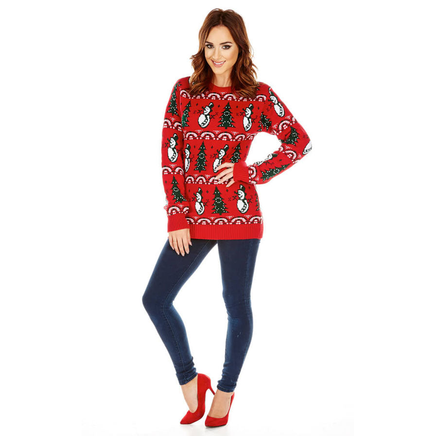 Red Christmas Jumper with Trees and Snowmens Womens