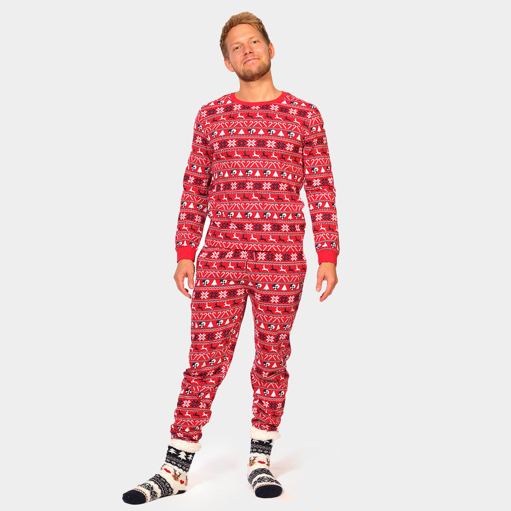 Red Christmas Pyjama for Family with Reindeer and Trees Mens