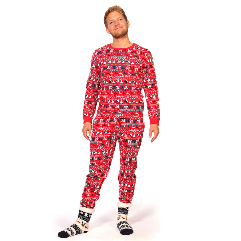 Red Christmas Pyjama for Family with Reindeer and Trees Mens