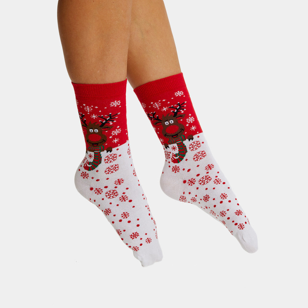 Red Christmas Socks Unisex Reindeer with Scarf Womens and Mens