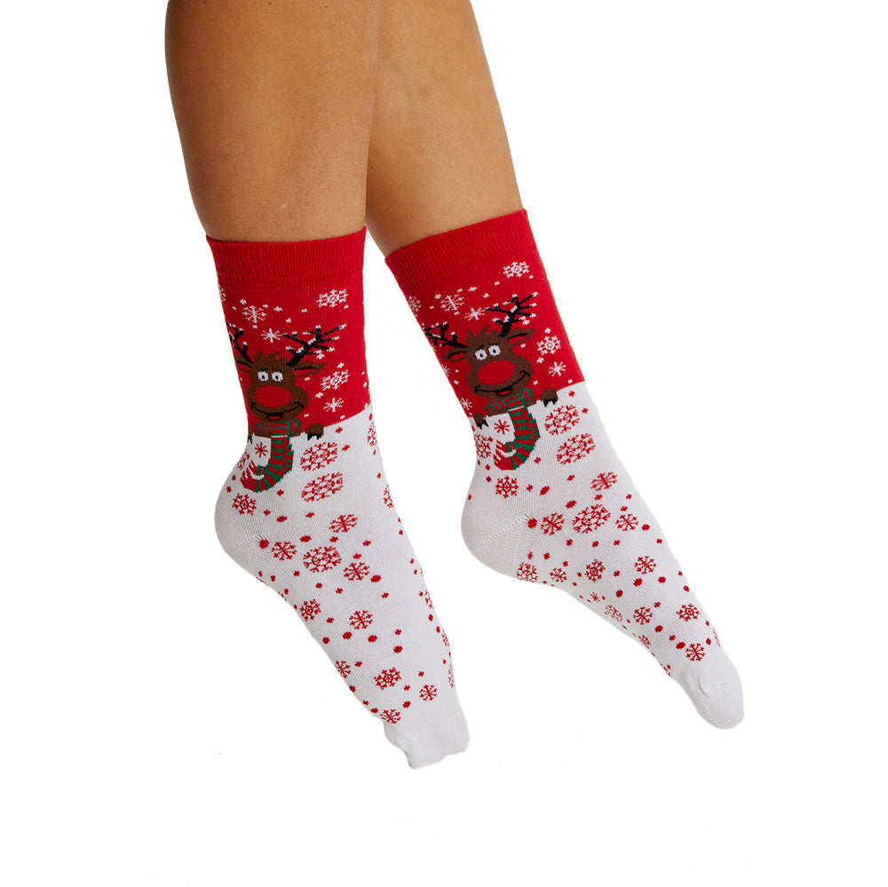 Red Christmas Socks Unisex Reindeer with Scarf Womens and Mens