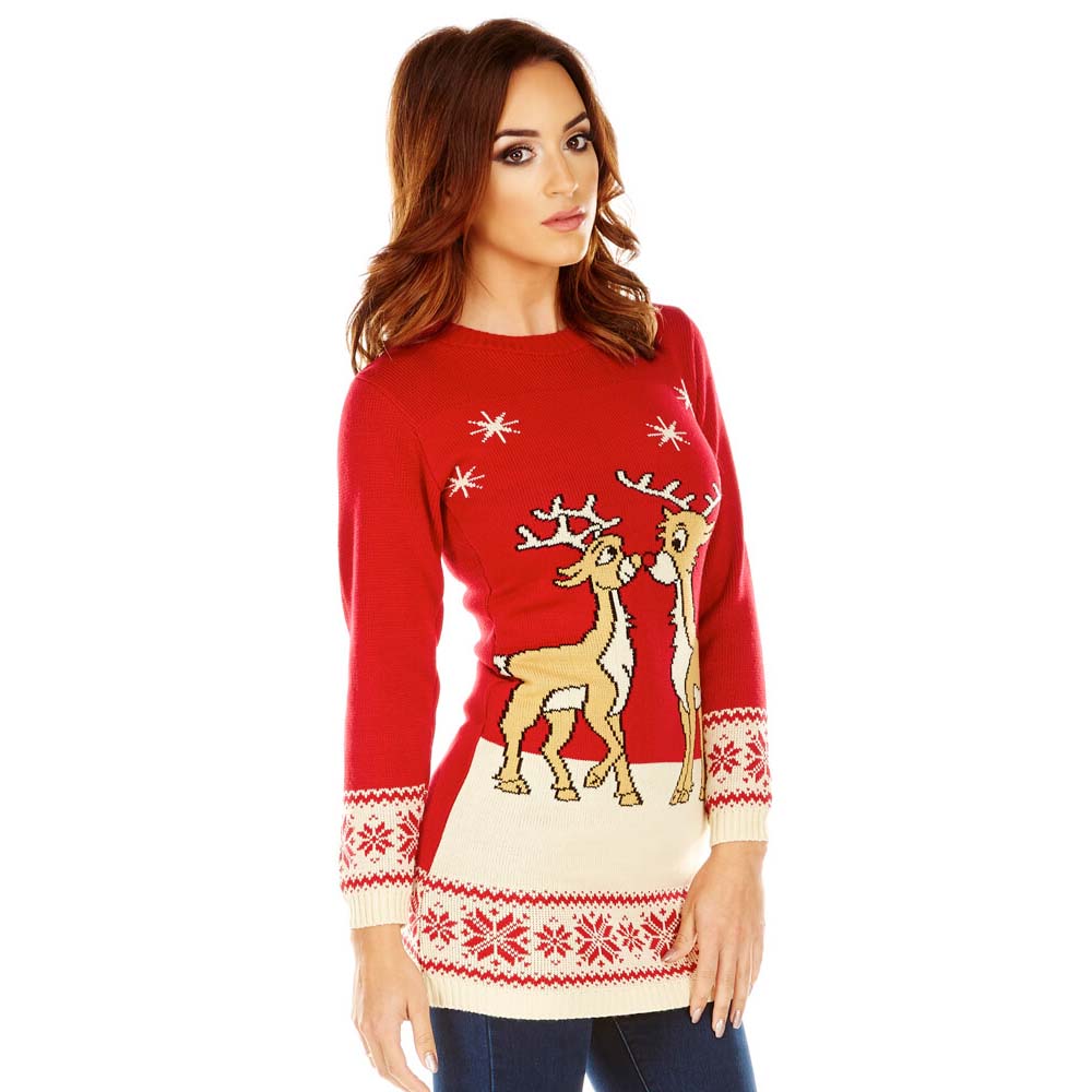 Red Womens Christmas Dress with Baby Reindeers