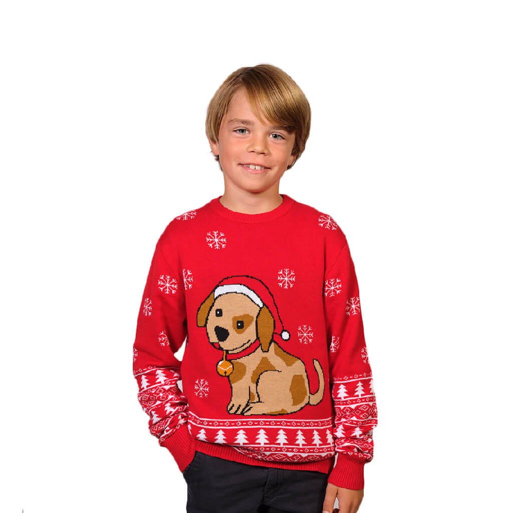 Boys Red Family Christmas Jumper with Puppy