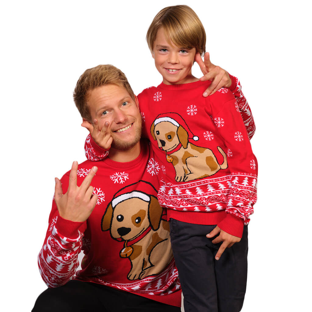 Red Family Christmas Jumper with Puppy