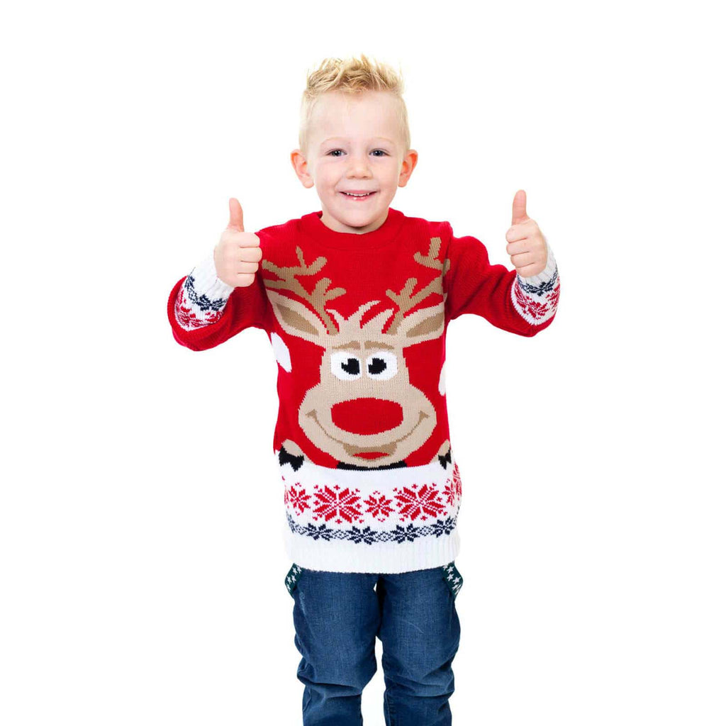 Boys Red Family Christmas Jumper with Reindeer and Snow