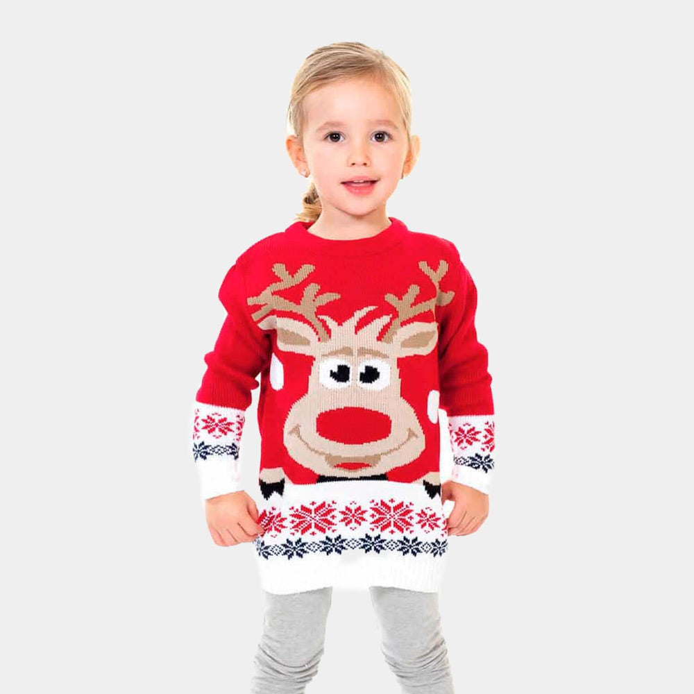 Girls Red Family Christmas Jumper with Reindeer and Snow