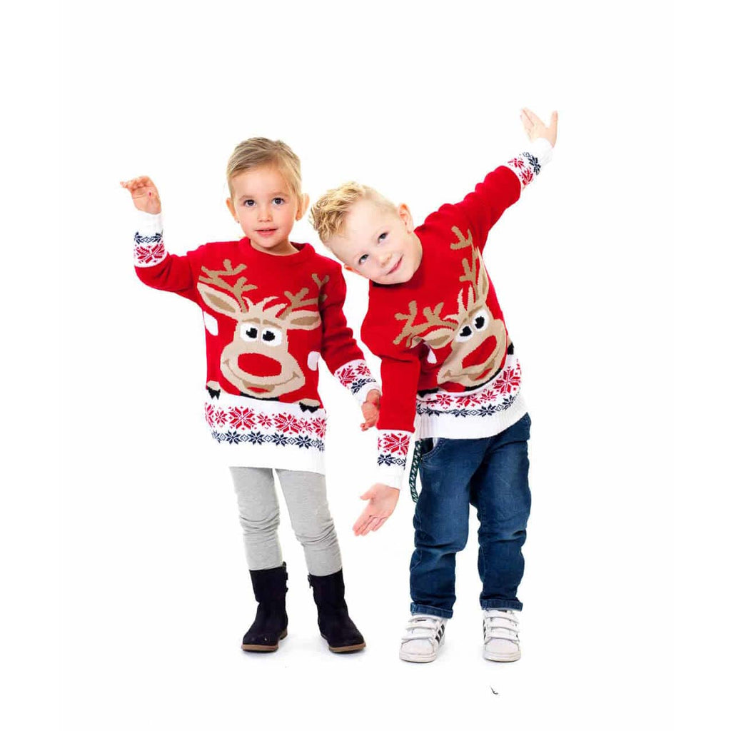 Kids Red Family Christmas Jumper with Reindeer and Snow