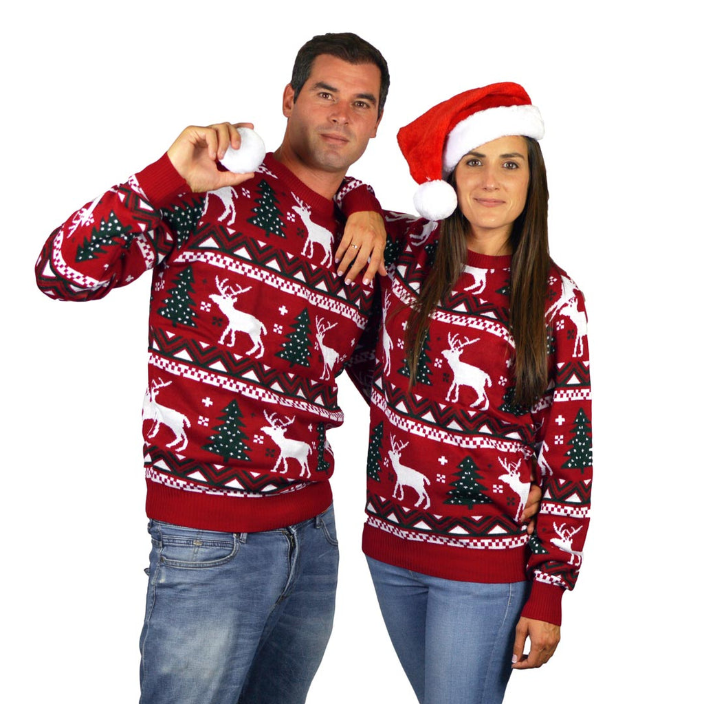 Red Family Christmas Jumper with Reindeers and Christmas Trees couple