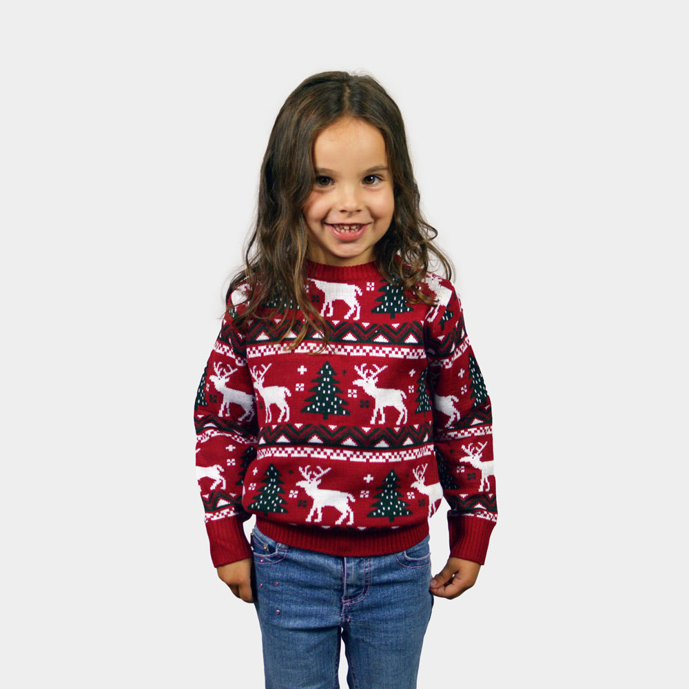 Red Family Christmas Jumper with Reindeers and Christmas Trees Kids