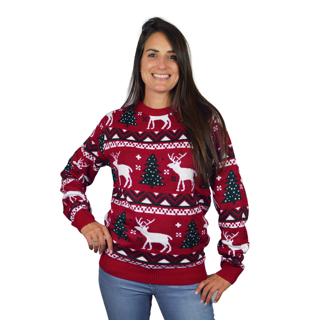 Red Family Christmas Jumper with Reindeers and Christmas Trees Womens