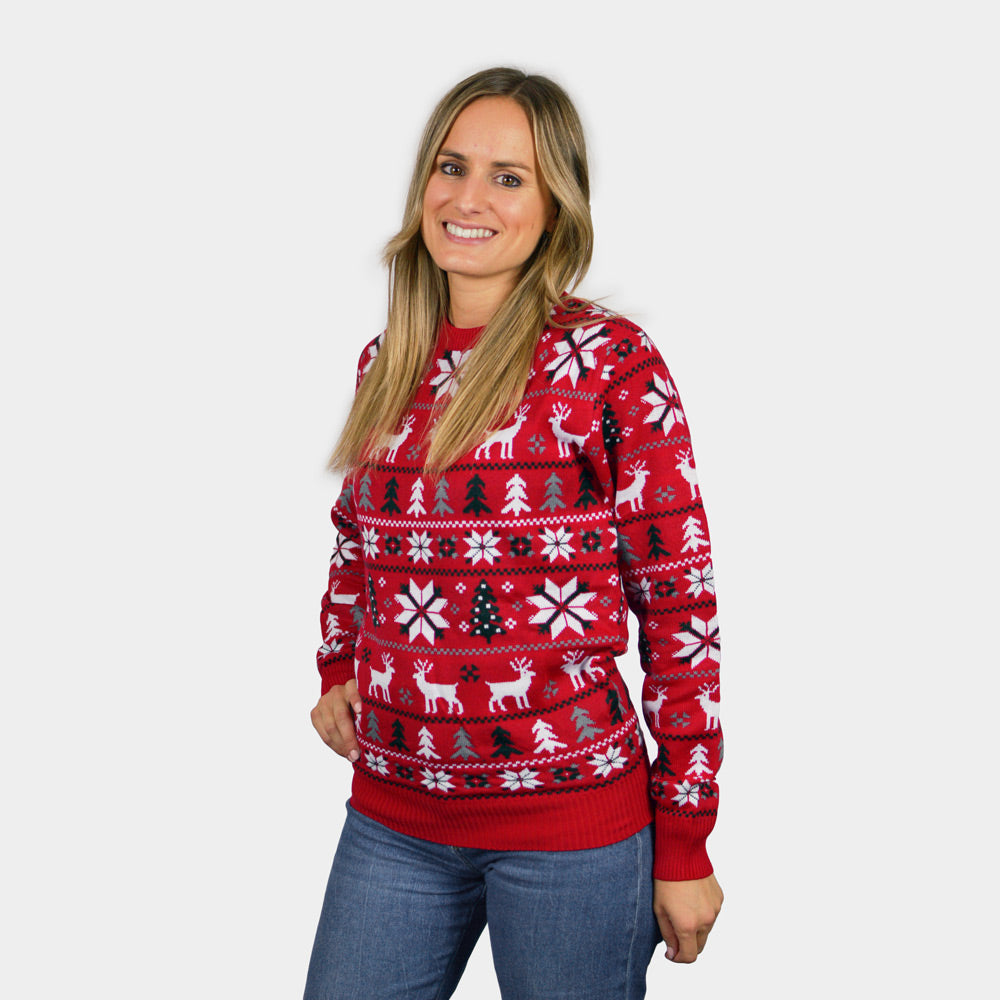 Red Family Christmas Jumper with Reindeers, Trees and Polar Star Womens