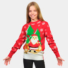 Girls Red Family Christmas Jumper with Santa and Reindeer Greeting