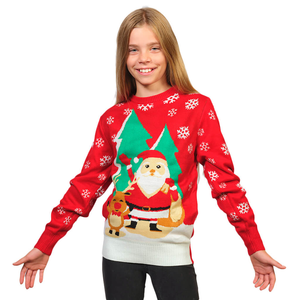 Girls Red Family Christmas Jumper with Santa and Reindeer Greeting