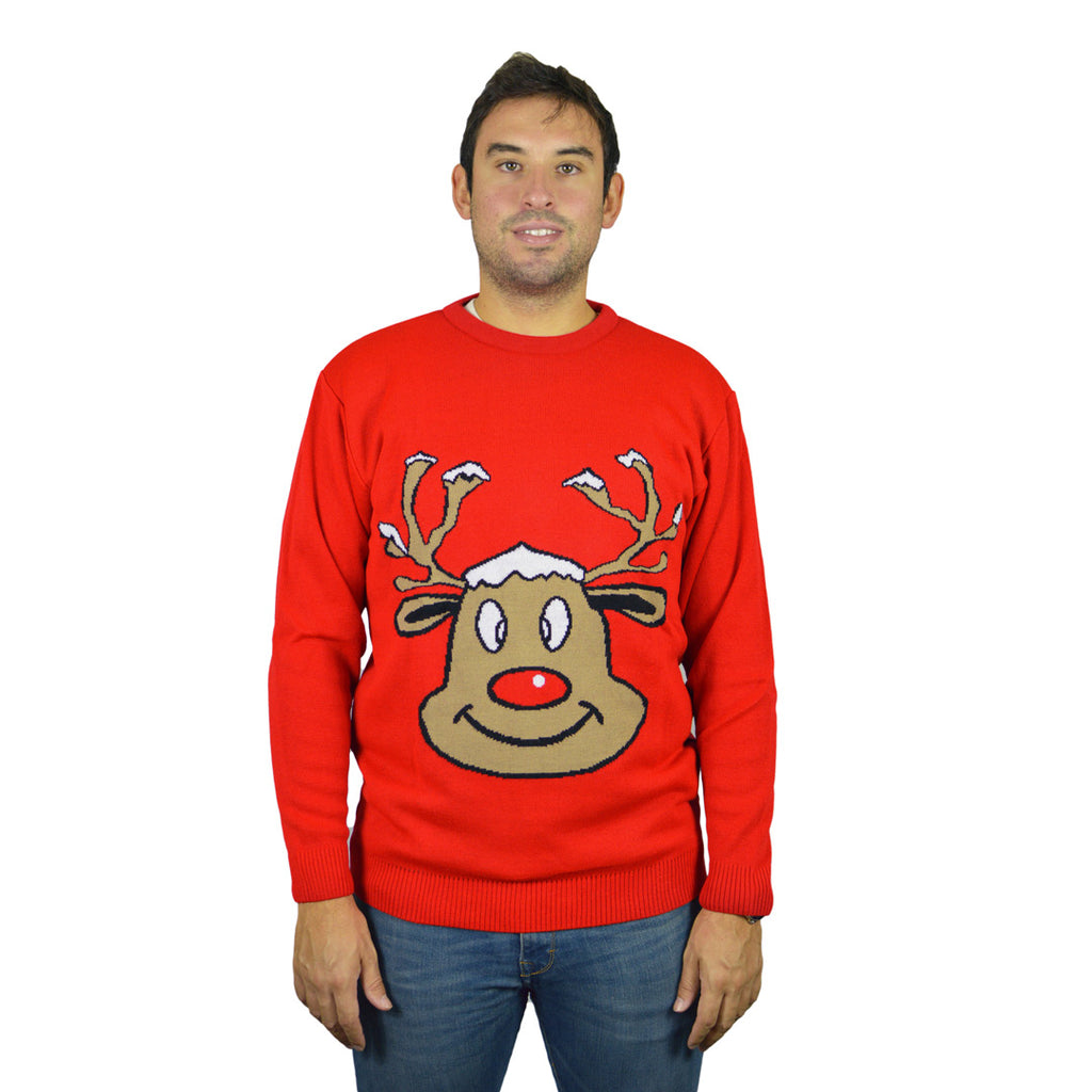 Red Family Christmas Jumper with Smiling Reindeer Mens
