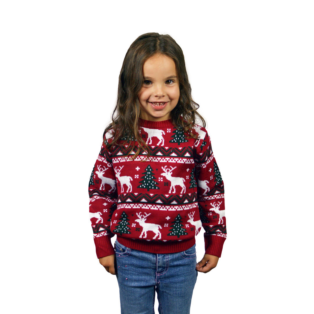 Red Boys and Girls Christmas Jumper with Reindeers and Christmas Trees Kids