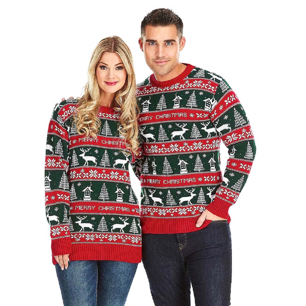 Red and Green Strips Christmas Jumper Couple
