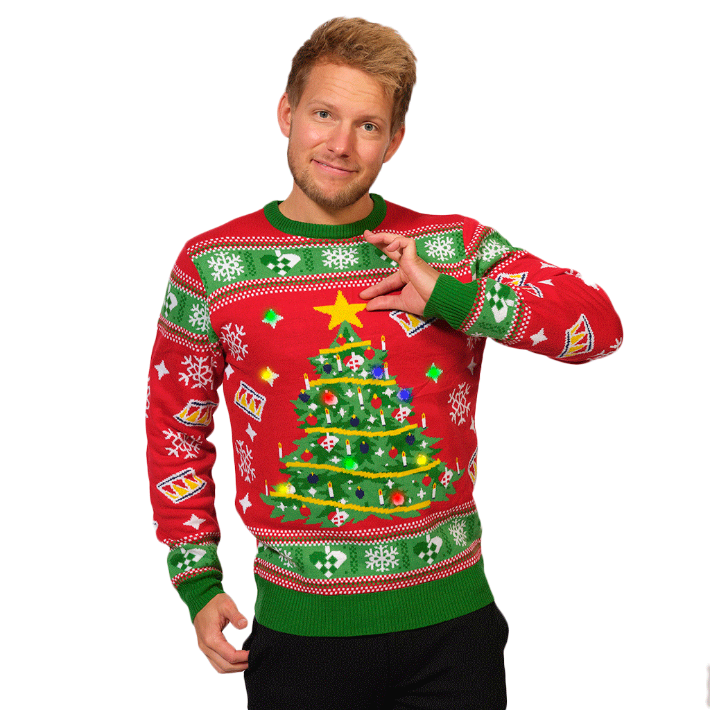 Mens Red LED light-up Christmas Jumper with Christmas Tree