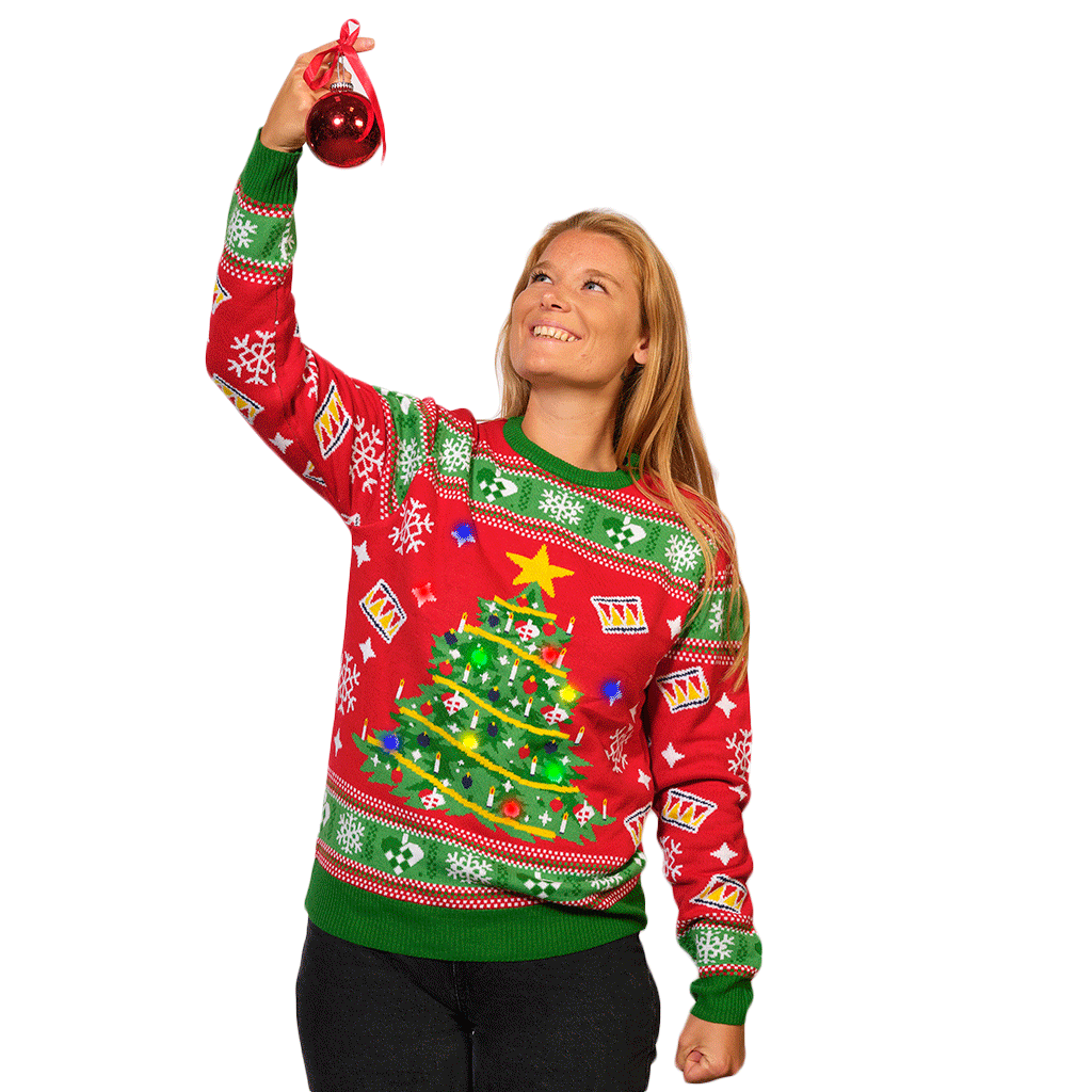 Red LED light-up Family Christmas Jumper with Christmas Tree Womens