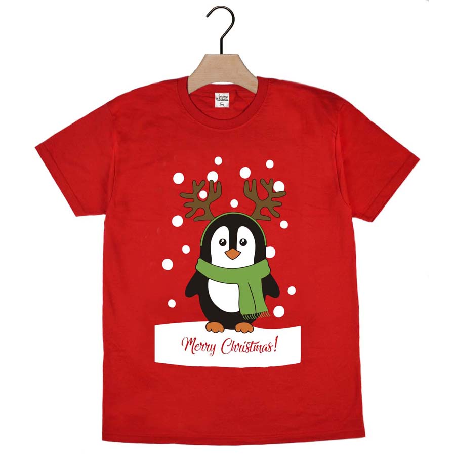 Red Mens and Womens Christmas T-Shirt with Penguin 2021