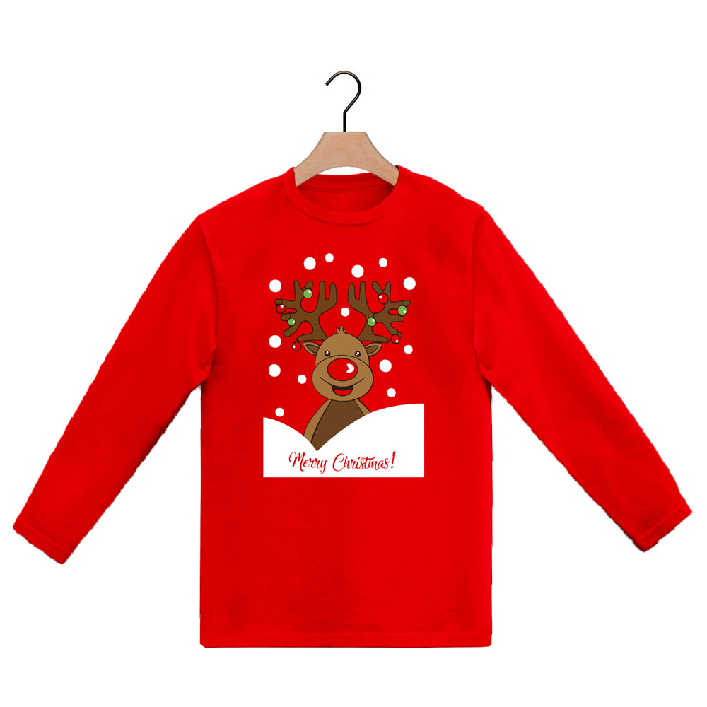 Red long sleeve Mens and Womens Christmas T-Shirt with Rudolph Reindeer