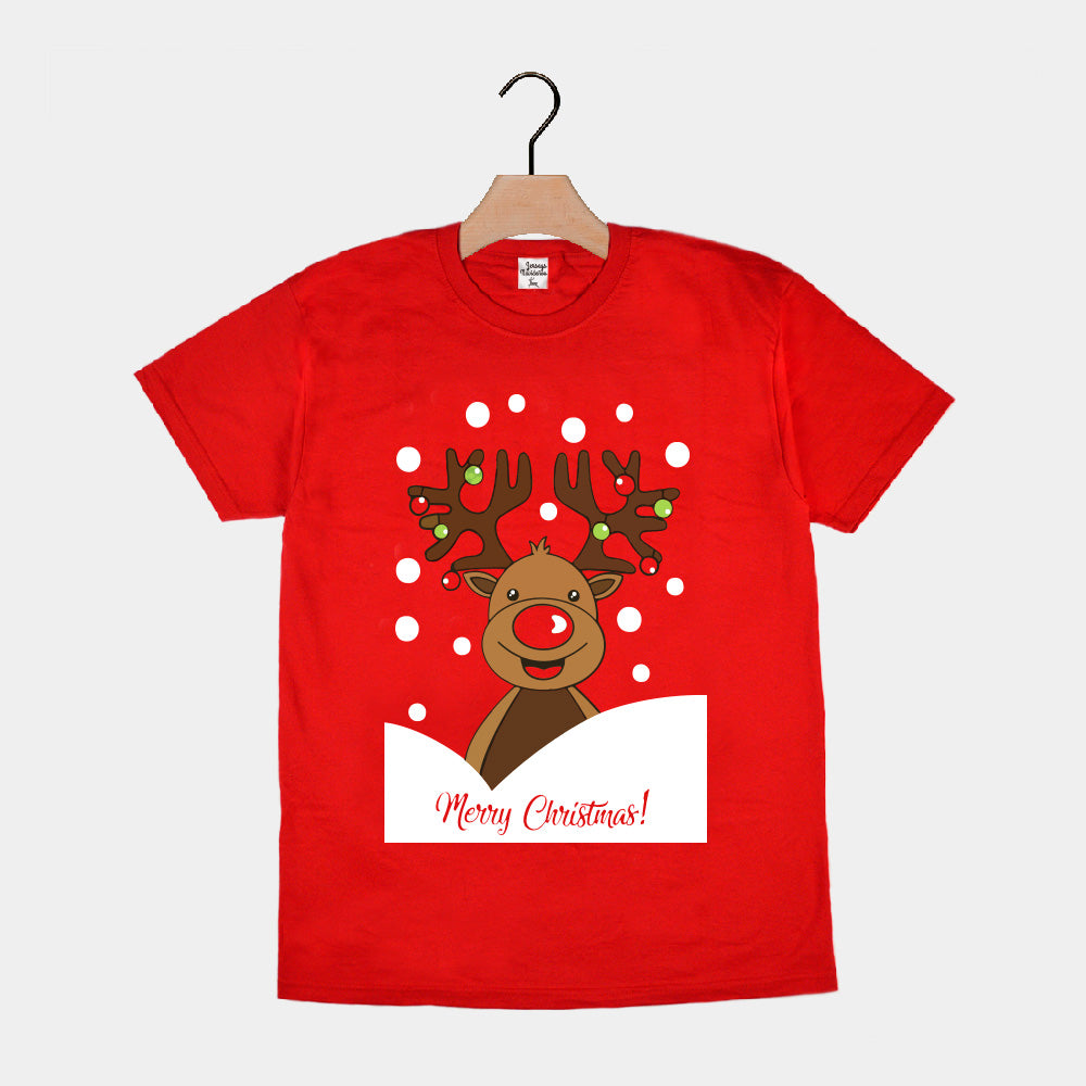 Red Mens and Womens Christmas T-Shirt with Rudolph Reindeer