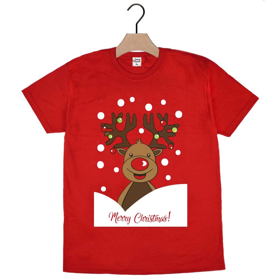 Red Mens and Womens Christmas T-Shirt with Rudolph Reindeer