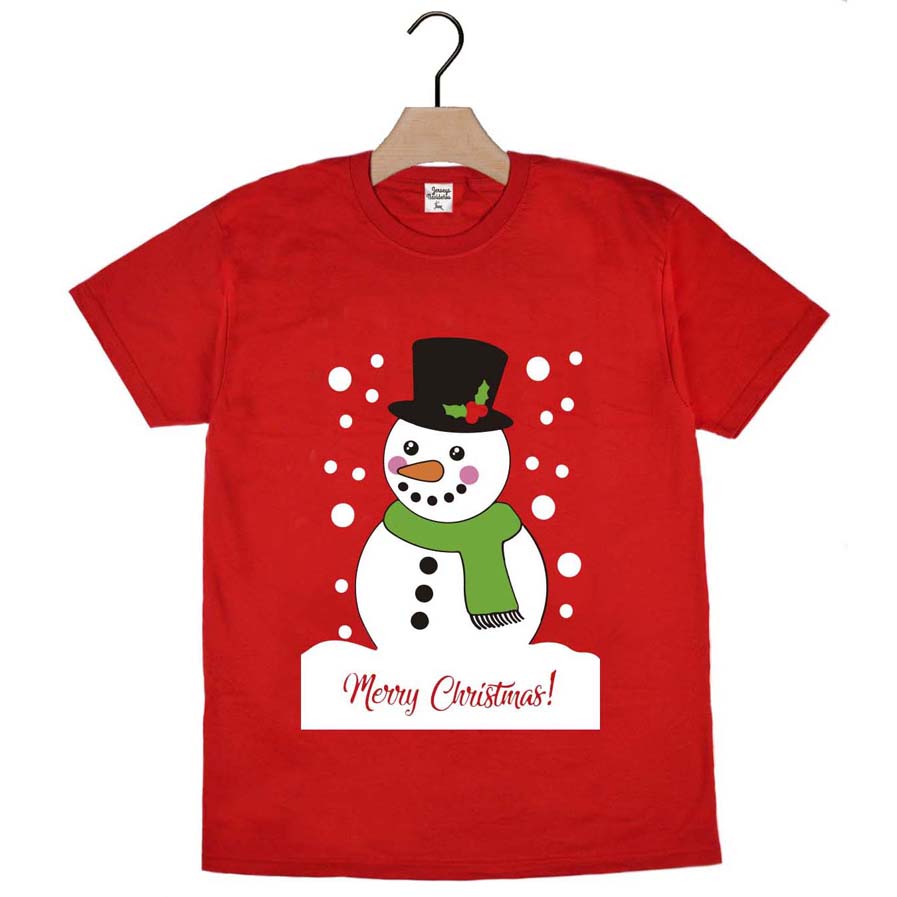 Red Mens and Womens Christmas T-Shirt with Snowman 2021