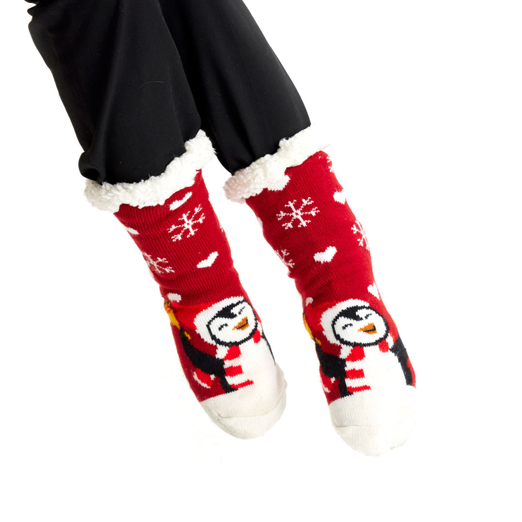 Red Rubber Sole Christmas Socks with Penguin Womens and Mens