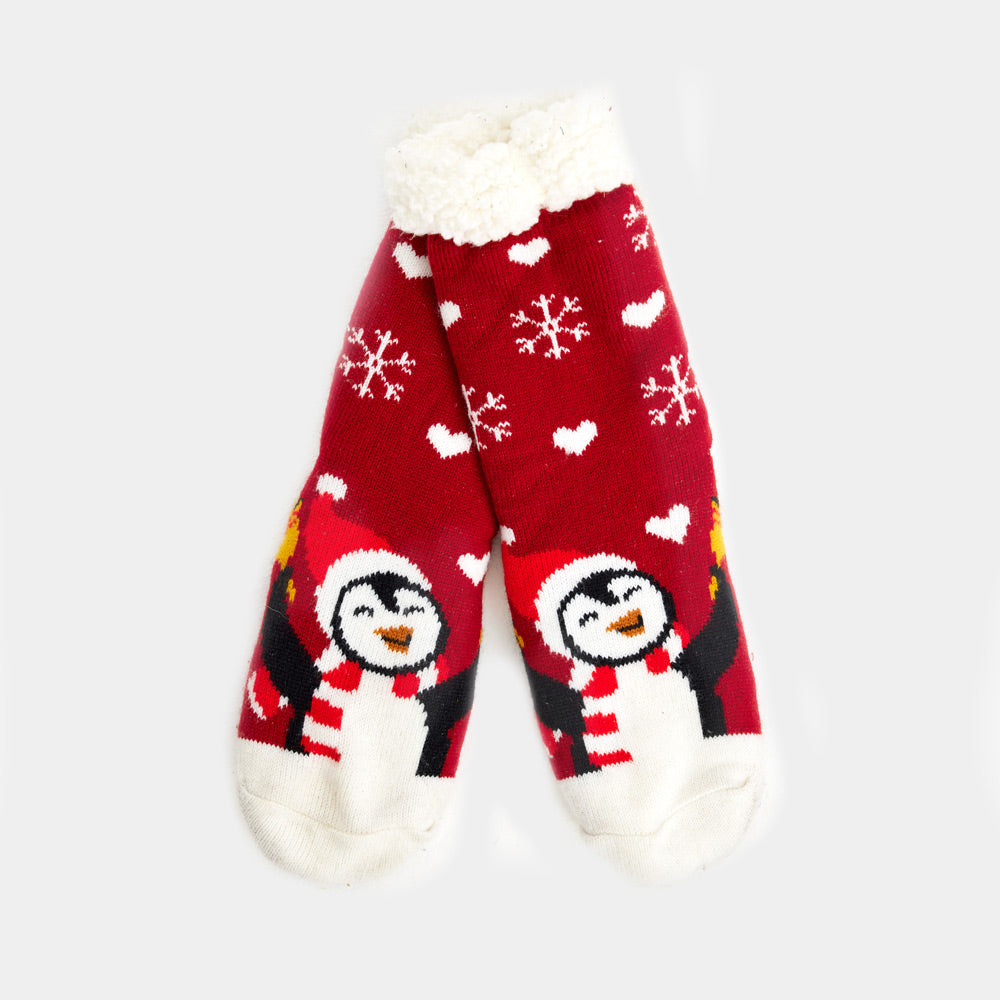 Red Rubber Sole Christmas Socks with Penguin