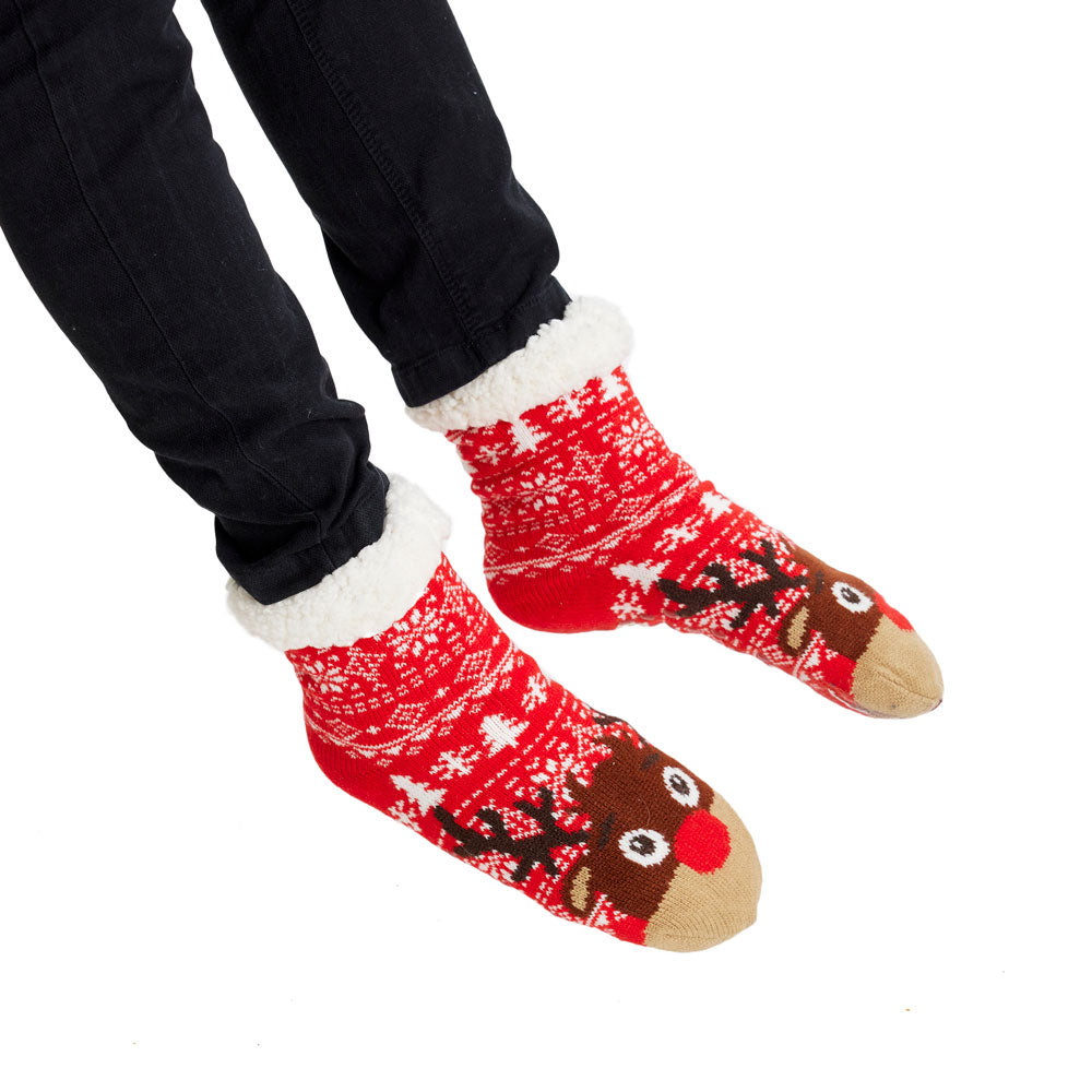 Red Rubber Sole Christmas Socks Trees and Reindeer Womens and Mens