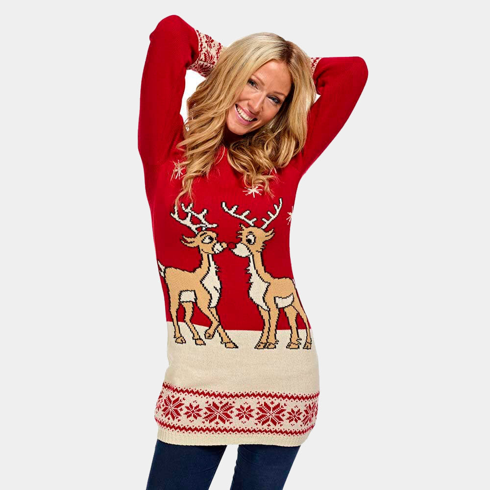 Red Christmas Womens Dress with Baby Reindeers