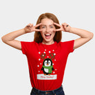 Red Womens Christmas T-Shirt with Penguin