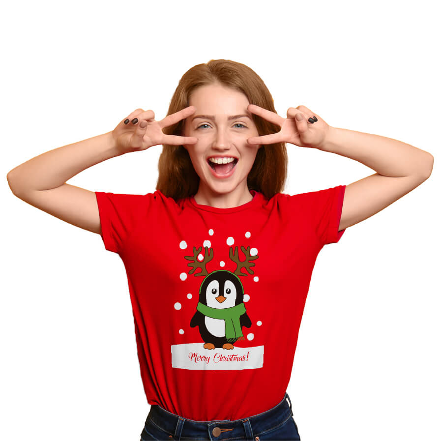 Red Womens Christmas T-Shirt with Penguin