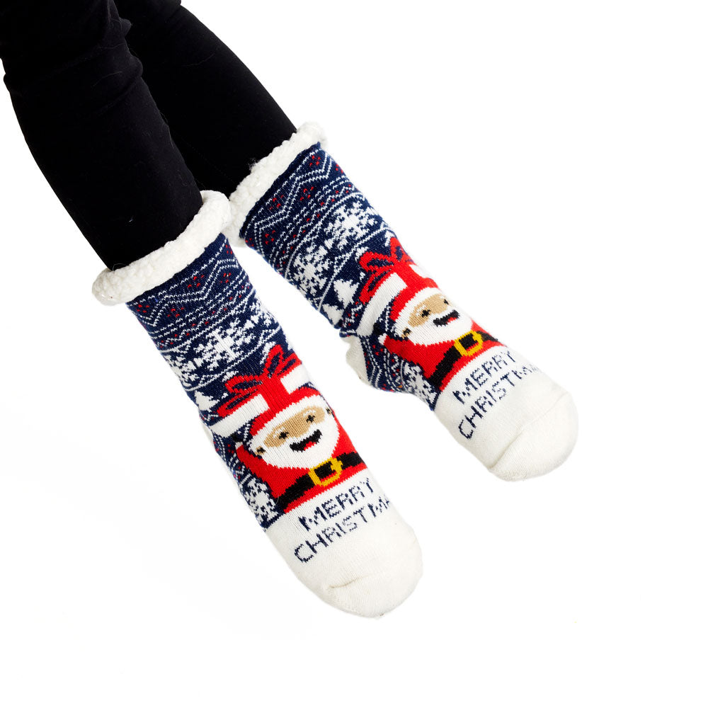 Rubber Sole Christmas Socks Santa with a Gift Womens and Mens