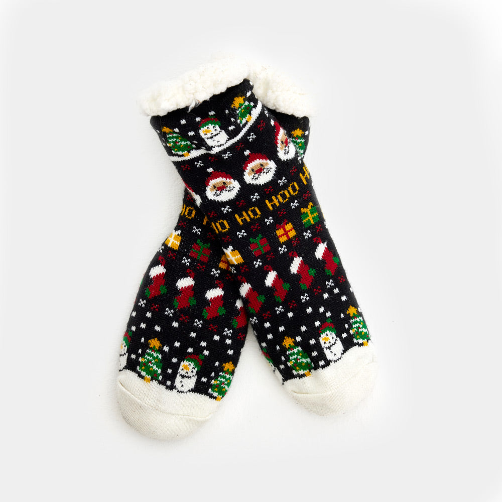 Rubber Sole Christmas Socks with Santa, Gifts and Snowmens