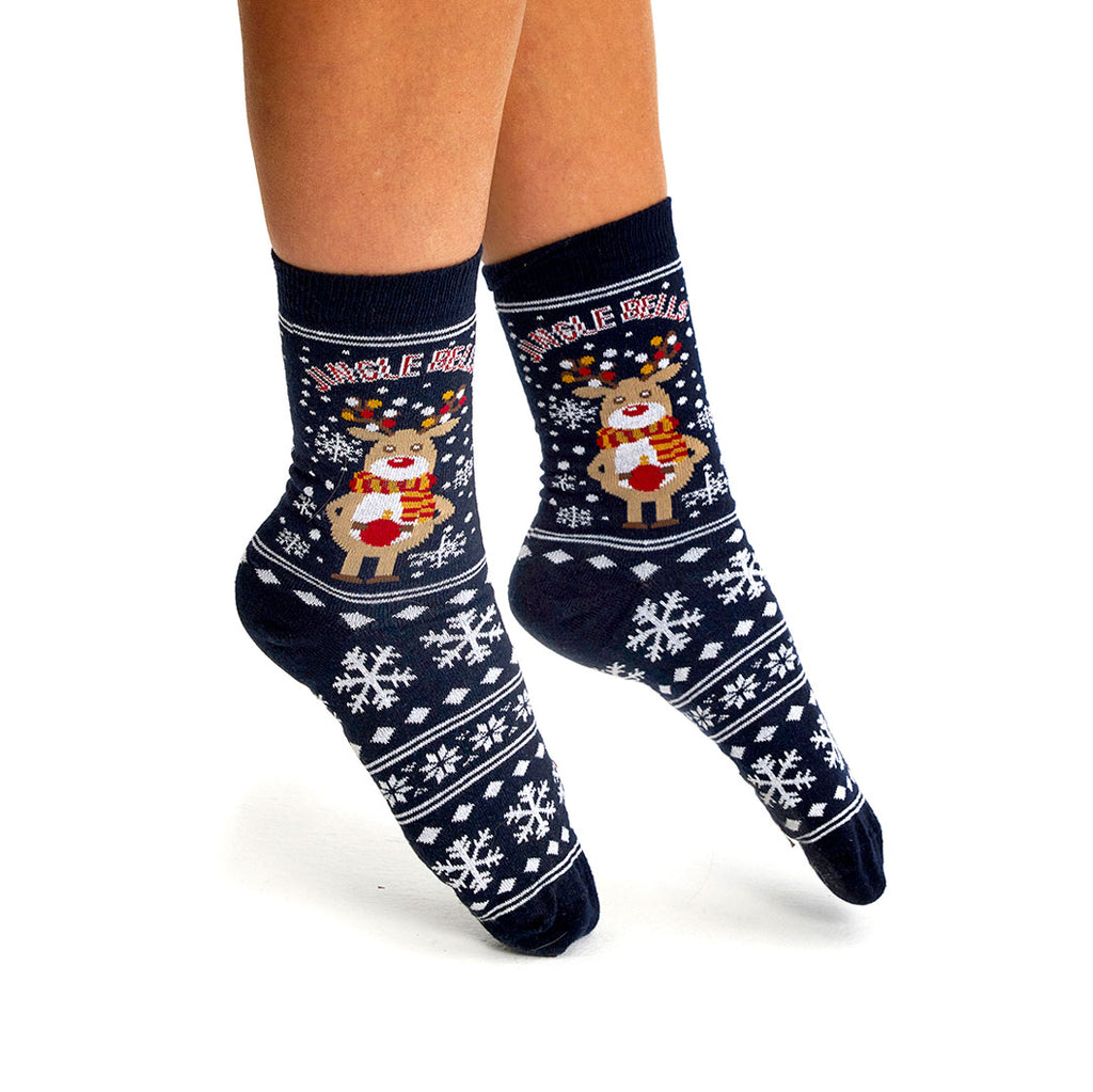 Unisex Christmas Socks with Rudolph and Snow Womens and Mens
